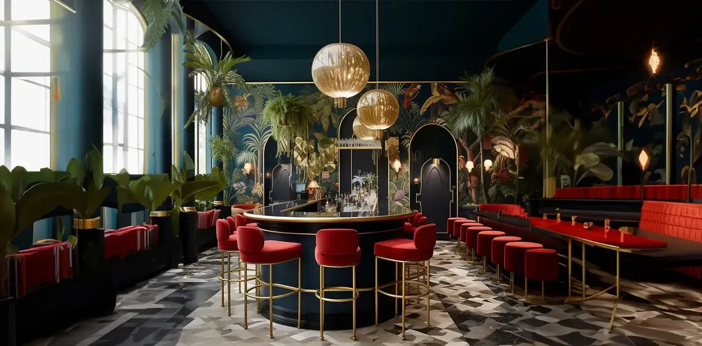 A luxurious and opulent restaurant interior in Singapore with red velvet bar stools, dark walls, and lush greenery.