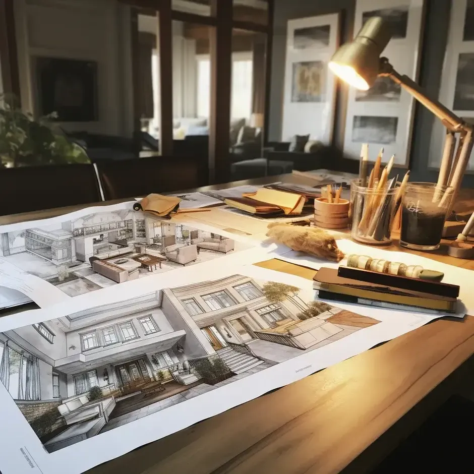 Architectural blueprints and design tools on a desk, representing the detailed interior design process.