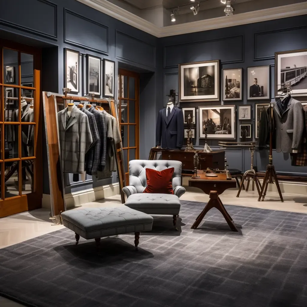A sophisticated men's retail store with a lounge area, wood-framed displays, and a gallery wall.