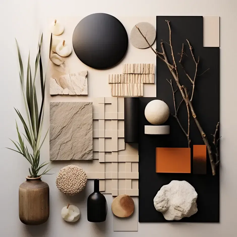An interior design mood board with samples of various materials, including wood, fabric, and stone, for a luxury residential project.
