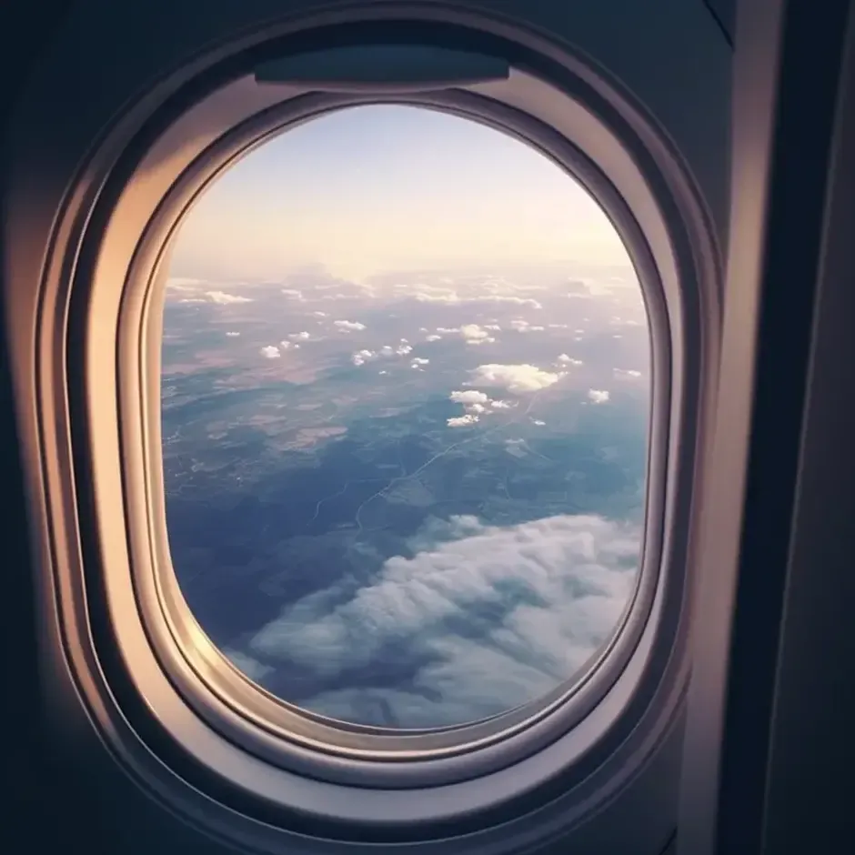 A view from an airplane window above the clouds, representing our worldwide, remote interior design services available to clients anywhere.