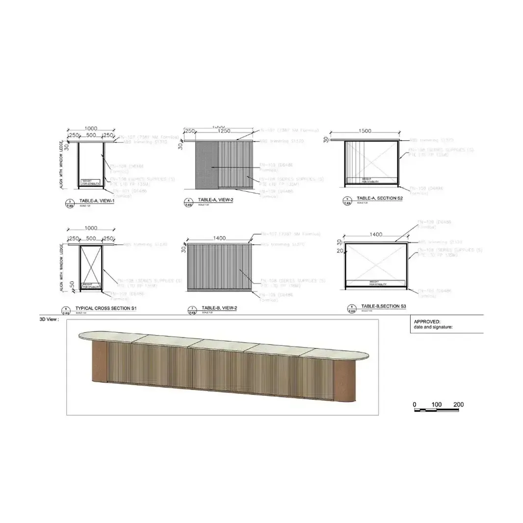 Technical drawings and a 3D render for custom-designed furniture, showcasing a detailed joinery process.