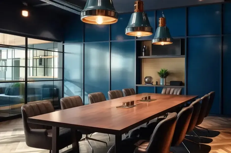 A modern corporate conference room in Singapore with a large wooden table, brown leather chairs, and contemporary pendant lighting.
