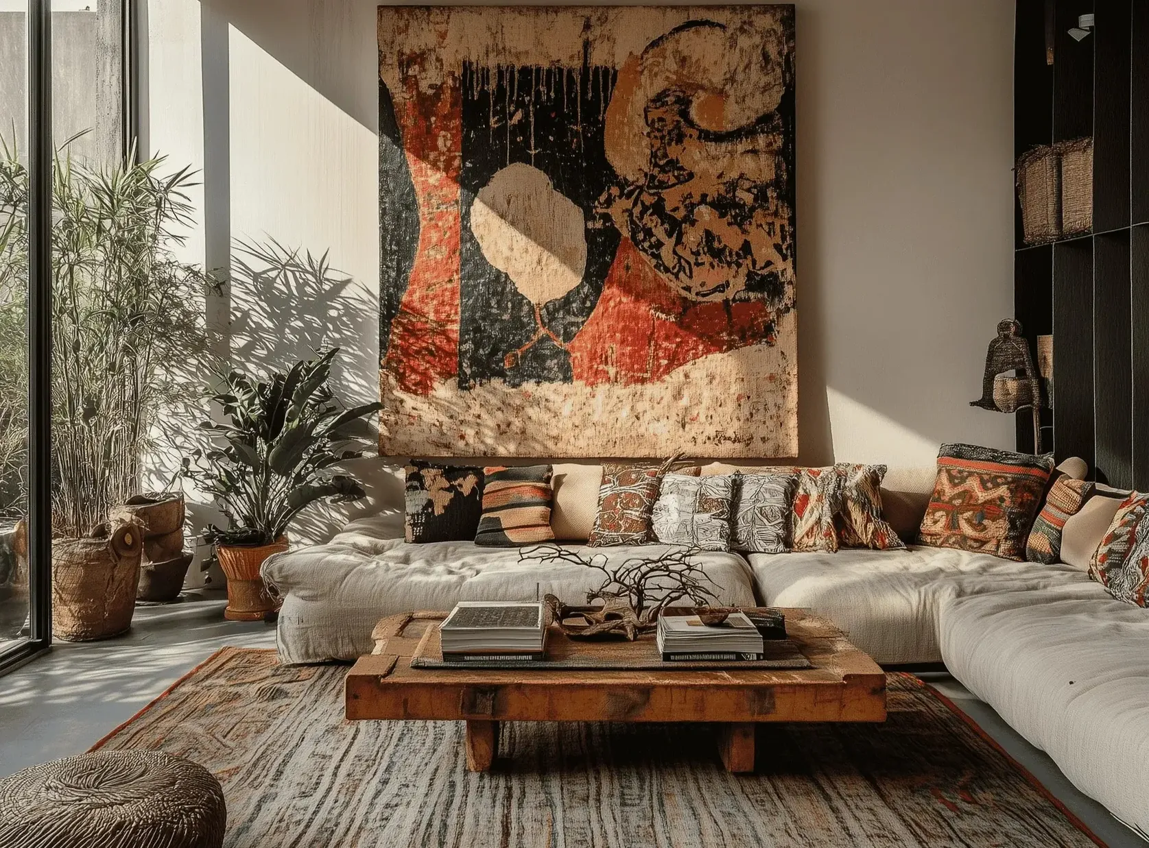 A cozy, bohemian-style living room with a large woven wall tapestry, a low coffee table, and multiple indoor plants.