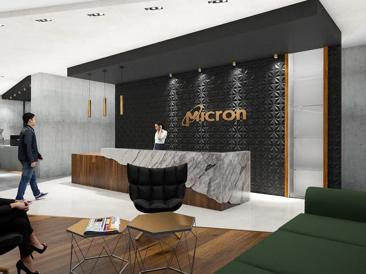 A sleek, modern office reception area in Singapore featuring a custom-designed desk with a marble countertop and a dark, textured backdrop.