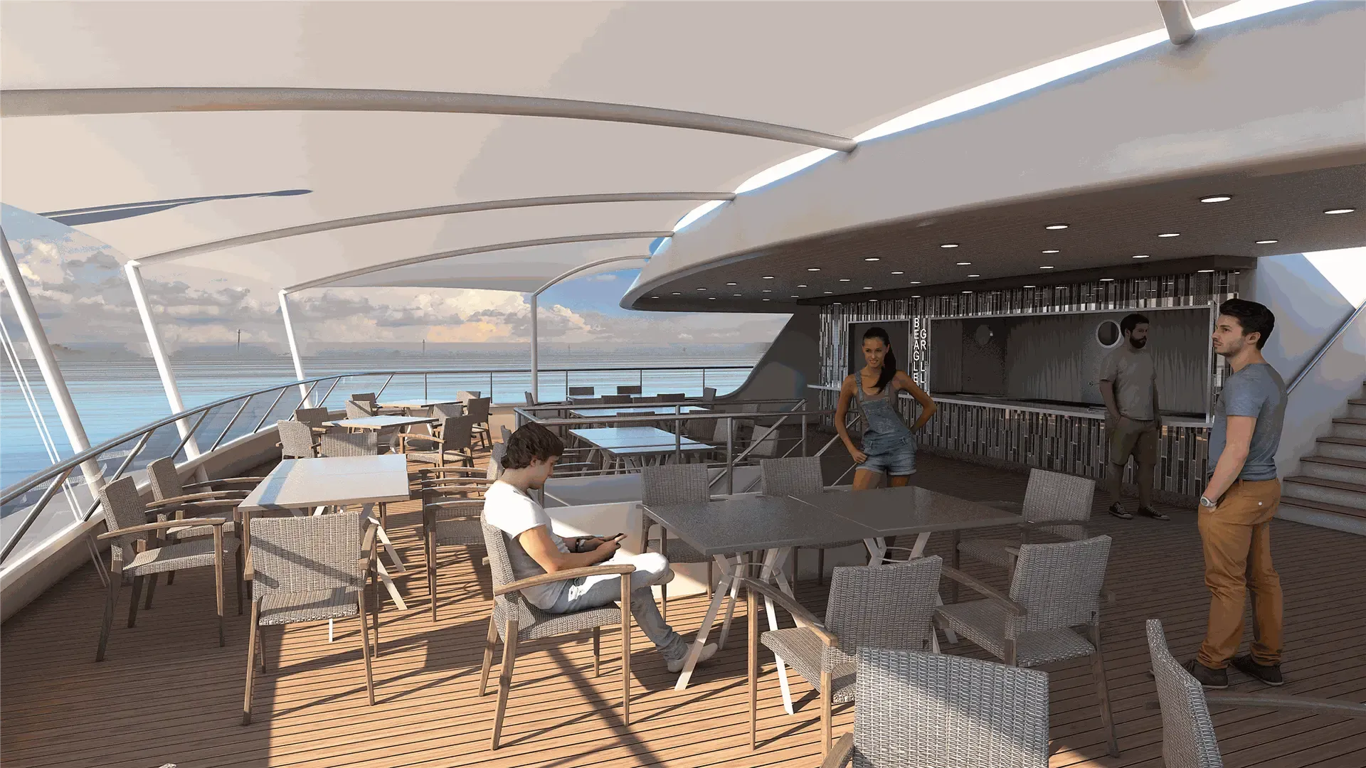A sleek, modern luxury yacht interior with a bar and lounge area, featuring warm wood paneling and sophisticated lighting.