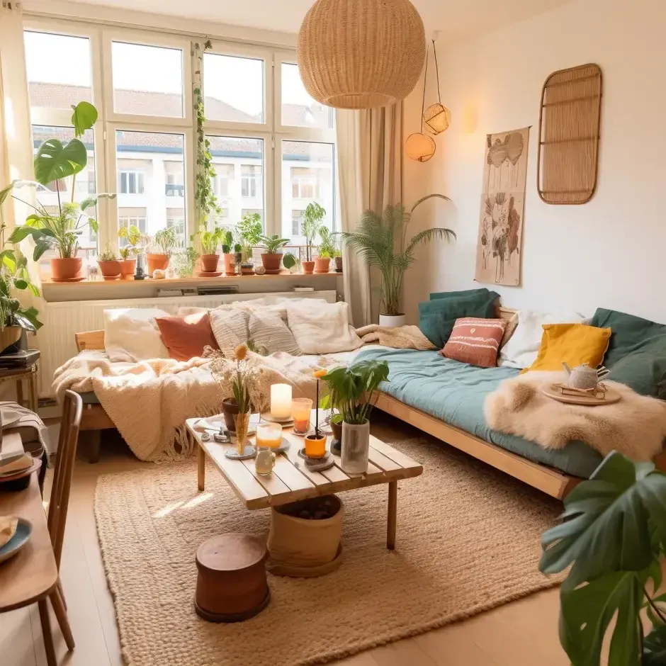A bright and airy modern bohemian living room with a green sofa, multiple potted plants, and a woven pendant light.