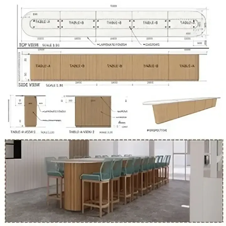 Technical drawings and a 3D render for a custom commercial bar, demonstrating the construction and detailed design process.