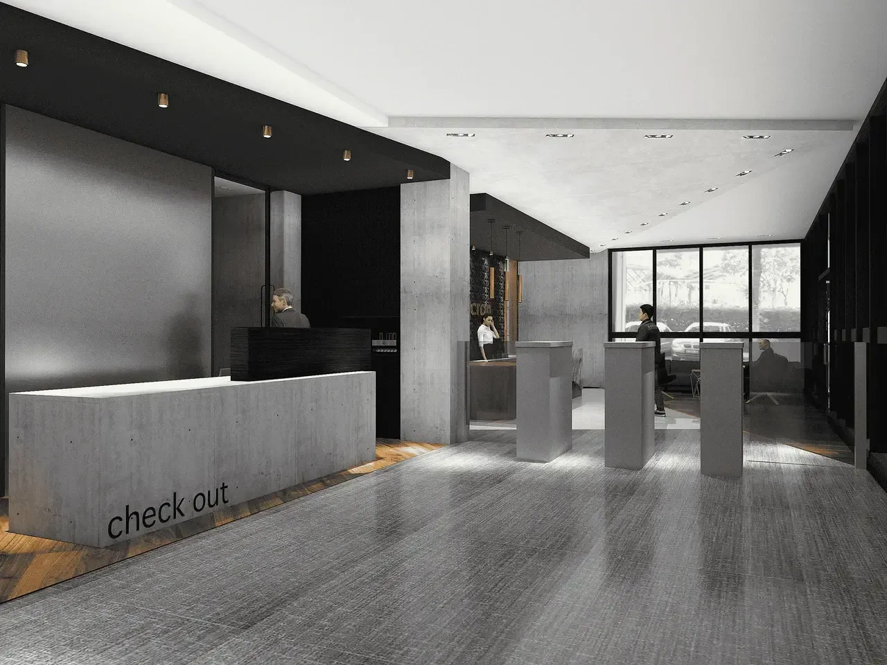 A sleek, modern corporate reception area with concrete floors and a custom-designed desk, showcasing a minimalist aesthetic.