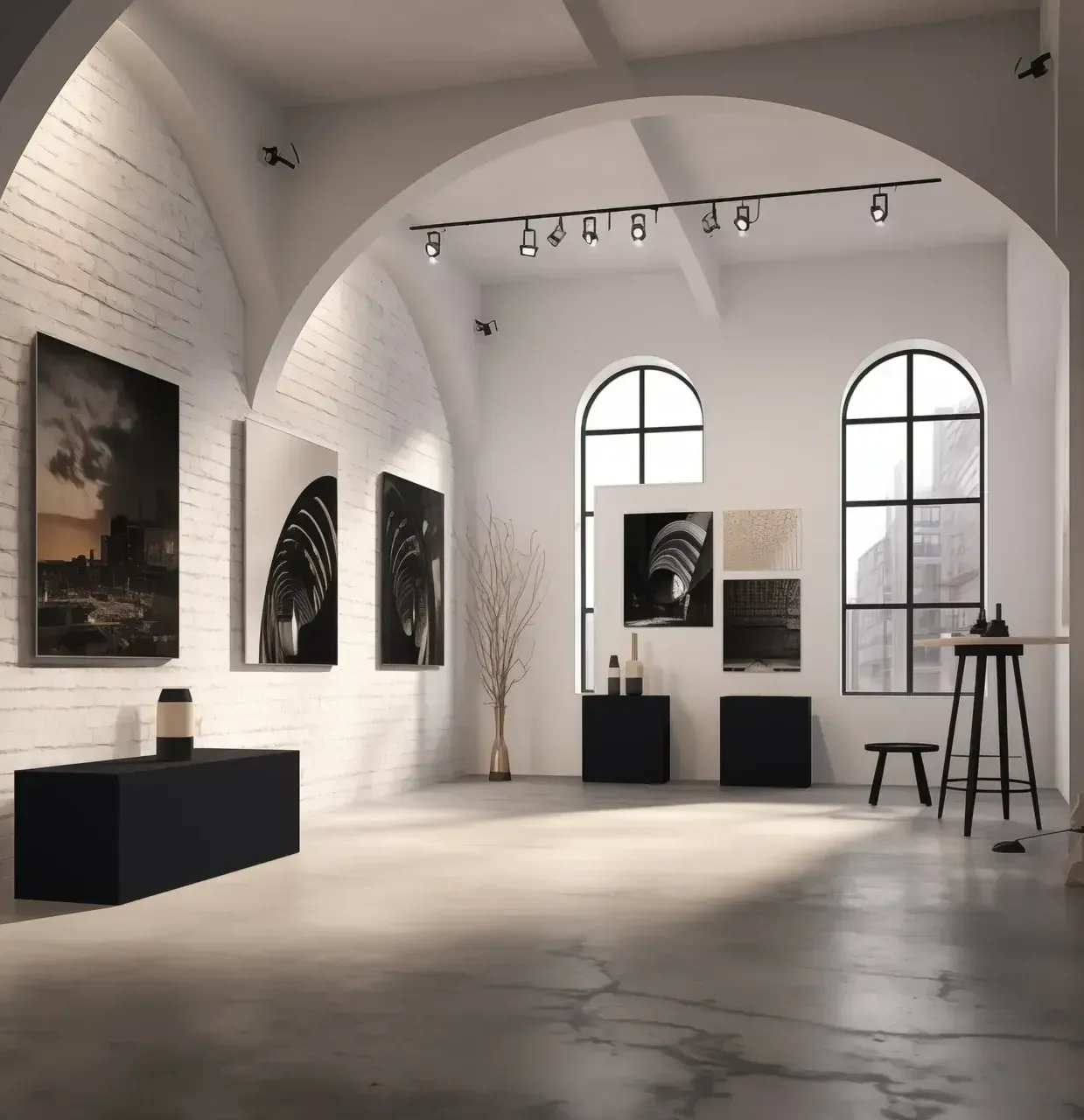 A sleek, minimalist art gallery with high ceilings, arched entryways, and sophisticated track lighting to display a collection of modern artwork.