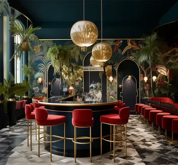 A luxurious and opulent restaurant interior in Singapore with red velvet bar stools, dark walls, and lush greenery.