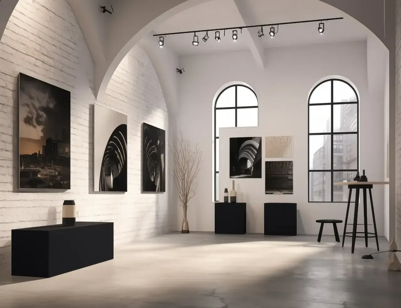 A modern, minimalist art gallery in Singapore with a neutral color palette, high ceilings, and sophisticated track lighting.