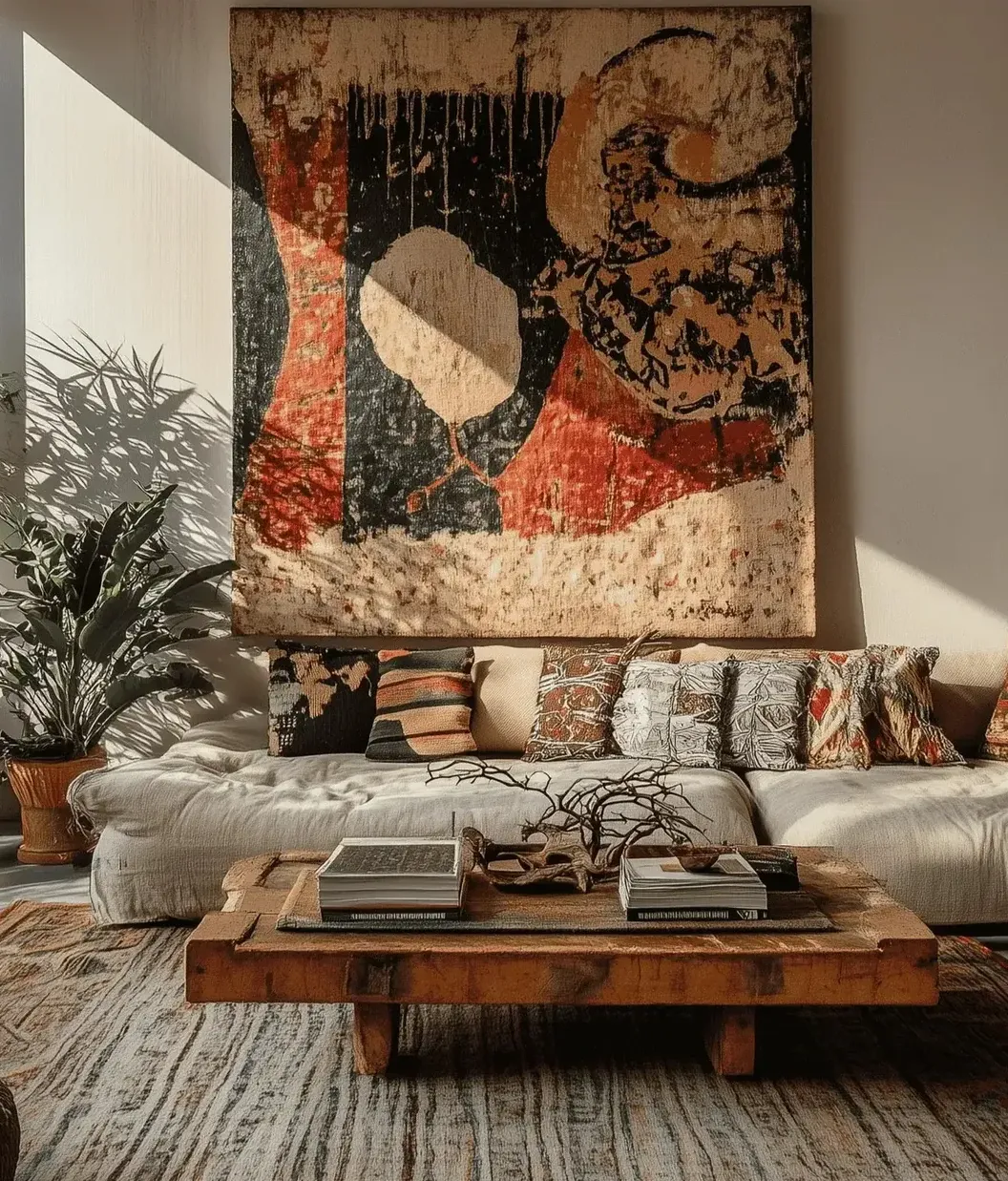 A cozy, bohemian-style living room in Singapore with a large woven wall tapestry, a low coffee table, and multiple indoor plants.
