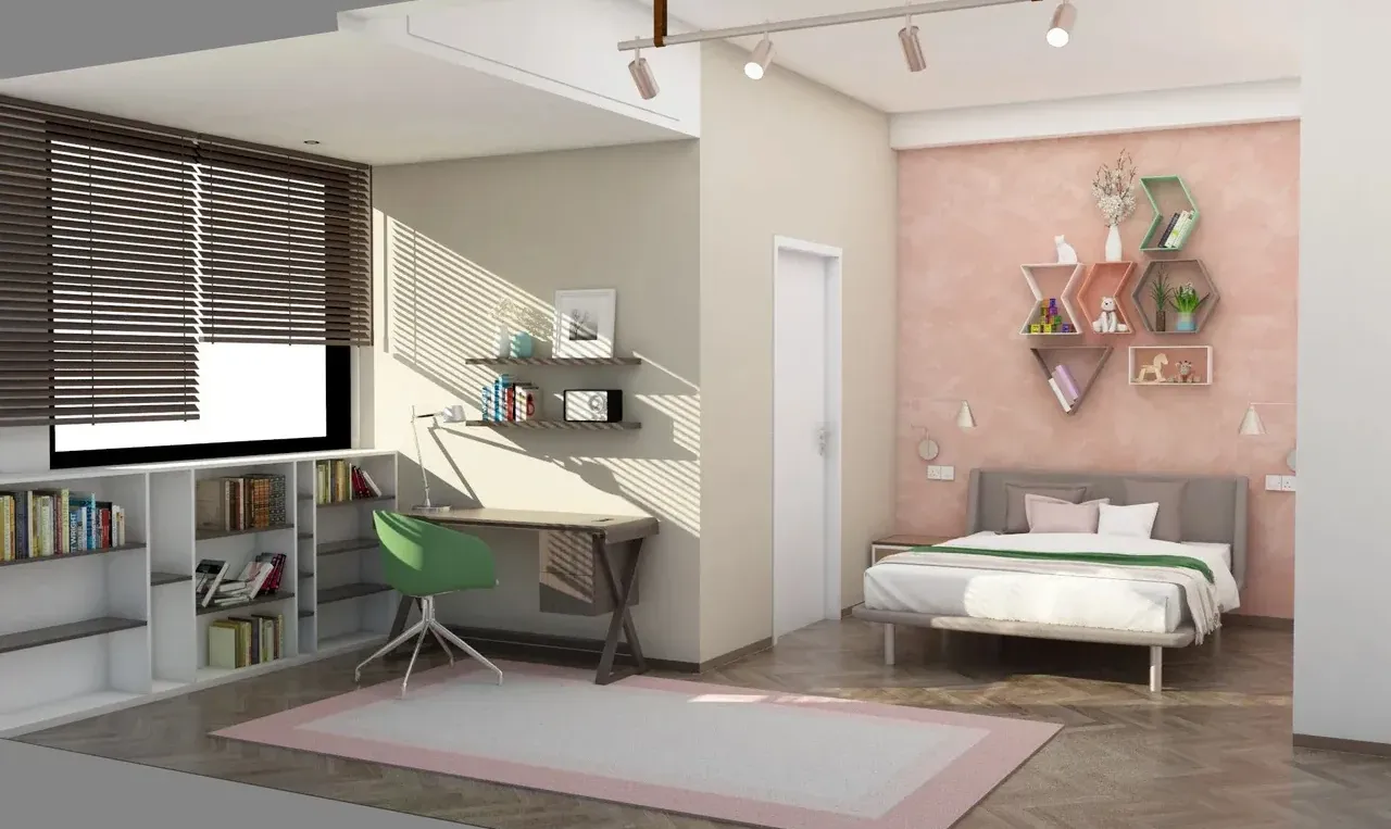 A modern teen bedroom with a dedicated study desk a pink accent wall, and clever storage solutions.