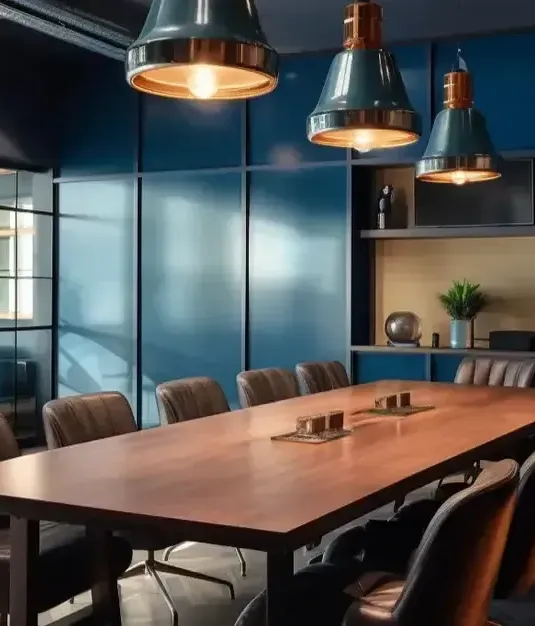 A modern corporate conference room by Irregular Lines, featuring a large wooden table, professional chairs, and contemporary pendant lighting.