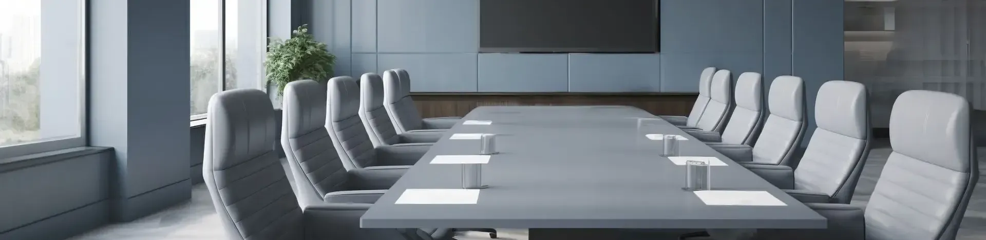 A minimalist corporate meeting room with a large gray table, professional chairs, and a clean, modern aesthetic.