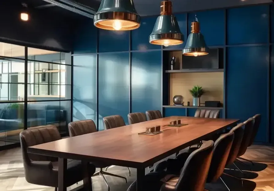 A modern corporate conference room by Irregular Lines, featuring a large wooden table, professional chairs, and contemporary pendant lighting.