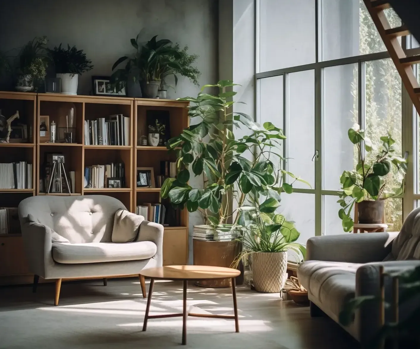 A bright and cozy living room with a modern Scandinavian design, featuring a wooden bookshelf, potted plants, and natural light.