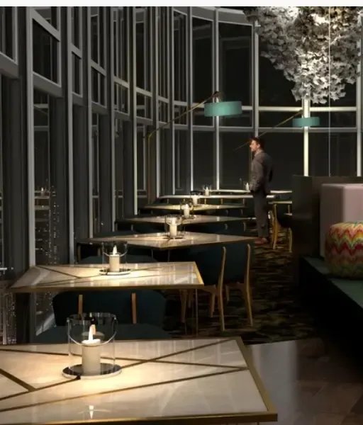 A sleek, modern restaurant interior with intimate seating, moody lighting, and minimalist tables.