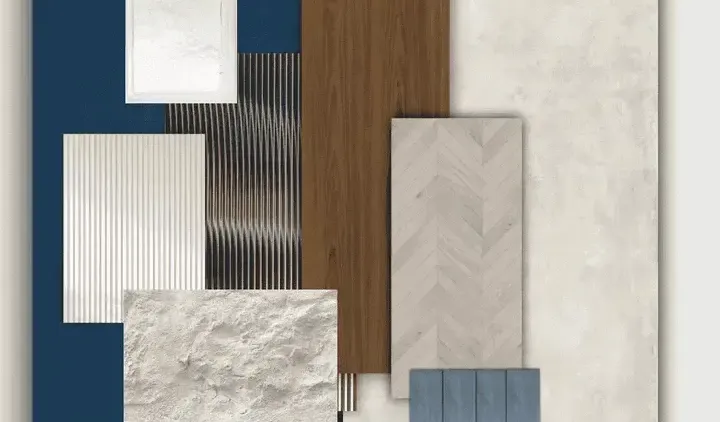 An interior design mood board with a luxury palette of wood, marble, and herringbone flooring, representing a professional design concept.