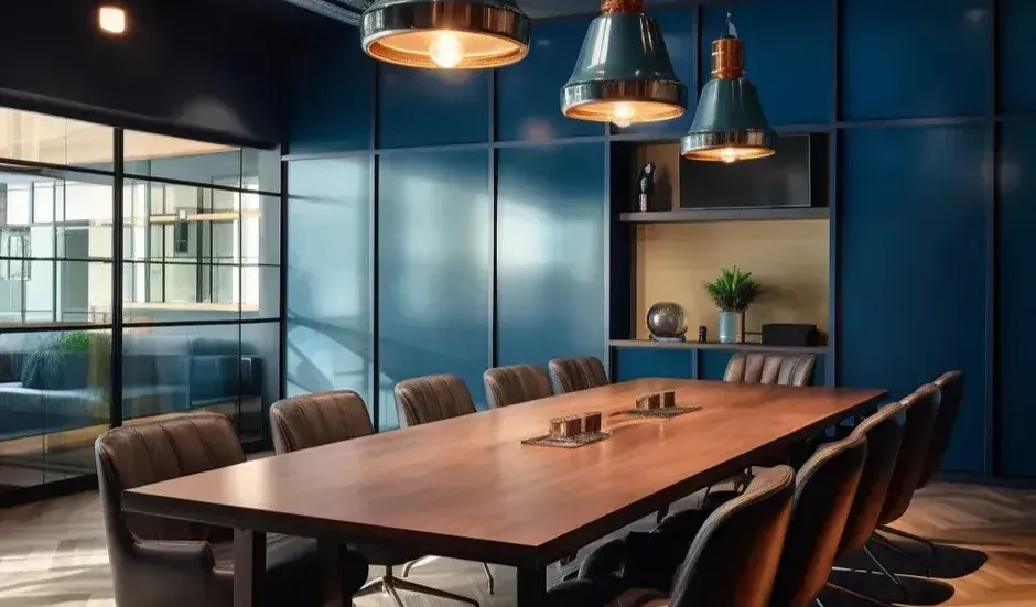 A modern corporate conference room in Singapore with a large wooden table, brown leather chairs, and contemporary pendant lighting.